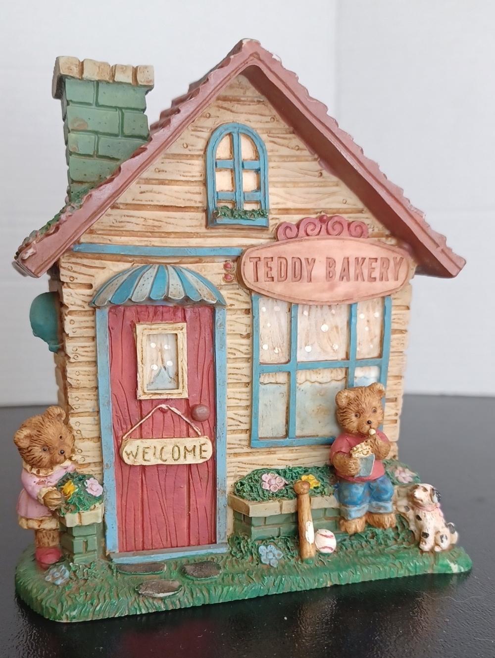 Russ Teddy Town Bakery Figurine - Pink, Blue & Green Cottage Vintage